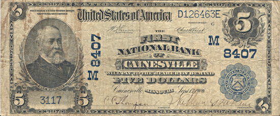 1902 $5.00. Cainesville, MO Charter# 8407 Blue Seal. VG.