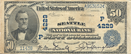 1902 $50.00. Seattle, WA Charter# 4229 Blue Seal Date Back. F.