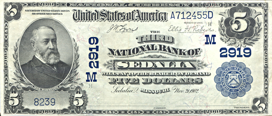 1902 $5.00. Sedalia, MO Charter# 2919 Blue Seal. XF.