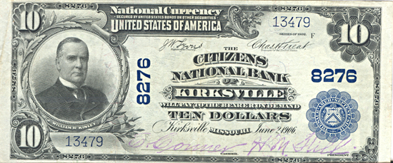 1902 $10.00. Kirksville, MO Charter# 8276 Blue Seal. XF.