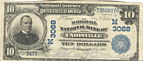 1902 $10.00. Unionville, MO Charter# 3068 Blue Seal. F.