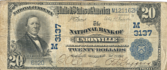 1902 $20.00. Unionville, MO Charter# 3137 Blue Seal. F.