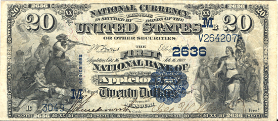 1882 $20.00. Appleton City, MO Charter# 2636 Value Back. VF.