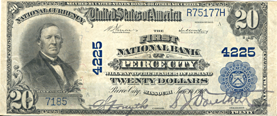 1902 $20.00. Peirce City, MO Charter# 4225 Blue Seal. VF.