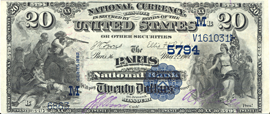 1882 $20.00. Paris, MO Charter# 5794 Value Back. AU.