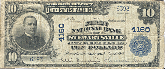 1902 $10.00. Stewartsville, MO Charter# 4160 Blue Seal. VG.