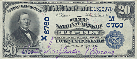 1902 $20.00. Tipton, IA Charter# 6760 Blue Seal. PMG AU-58.