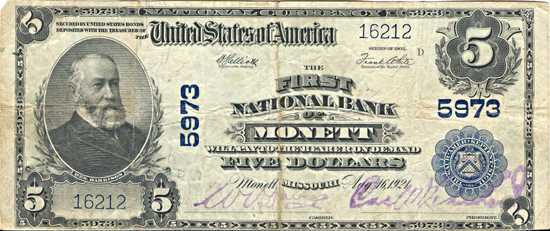 1902 $5.00. Monett, MO Charter# 5973 Blue Seal. F.