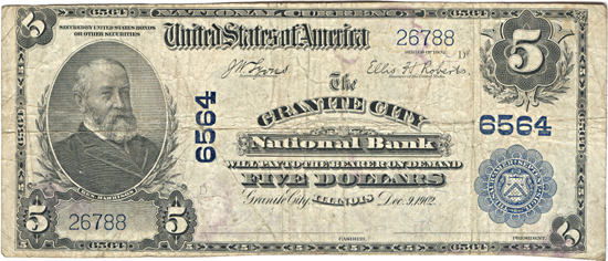 1902 $5.00. Granite City, IL Charter# 6564 Blue Seal. F.