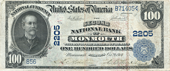 1902 $100.00. Monmouth, IL Charter# 2205 Blue Seal Date Back. F.