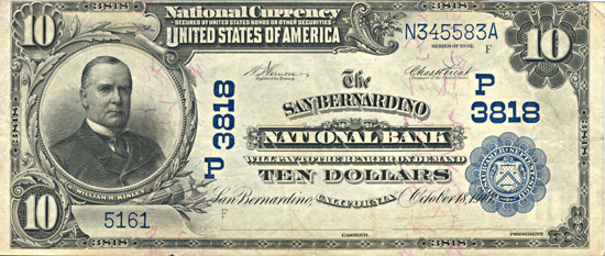 1902 $10.00. San Bernardino, CA Charter# 3818 Blue Seal Date Back. VF.