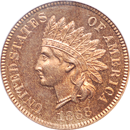 1868 Indian Head Cent 165 Degree CW Rot. Dies Error. PCGS PF-64RD.