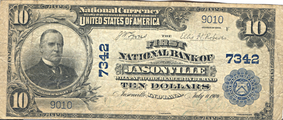 1902 $10.00. Jasonville, IN Charter# 7342 Blue Seal. F.