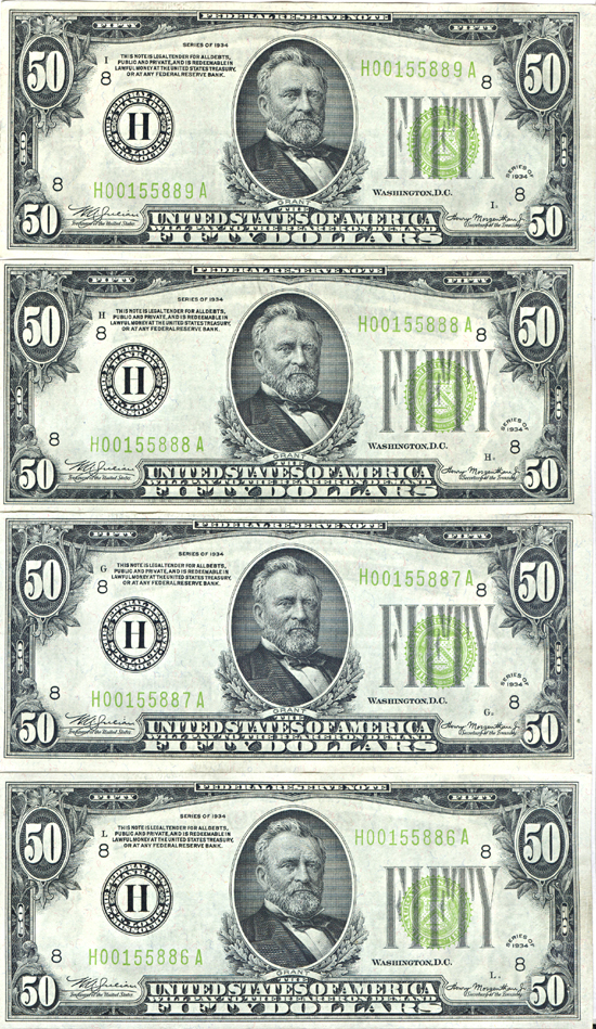 Four Sequential 1934 $50.00 St. Louis.  AU+.