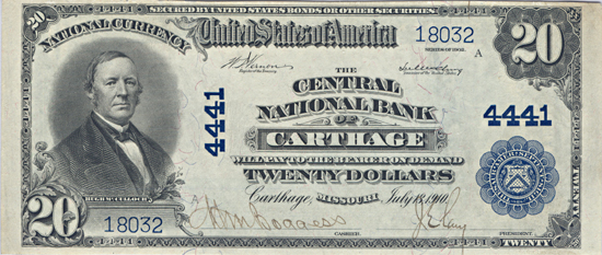 1902 $20.00. Carthage, MO Charter# 4441 Blue Seal. PMG CHCU.