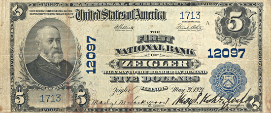 1902 $5.00. Zeigler, IL Charter# 12097 Blue Seal. F.