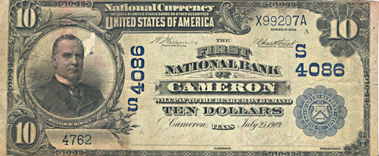 1902 $10.00. Cameron, TX Charter# 4086 Blue Seal Date Back. VG.