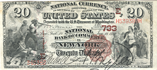 1882 $20.00. New York, NY Charter# 733 Brown Back. XF.