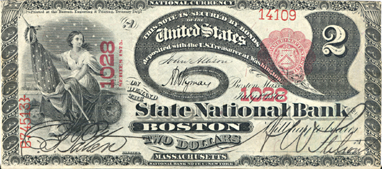 1875 $2.00. Boston, MA Charter# 1028 Scallops. VF.