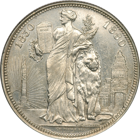 1880 Belgium 5 Francs 500th Anniversary Medallic Issue. MS-62.