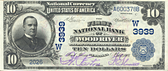 1902 $10.00. Wood River, NE Charter# 3939 Blue Seal Date Back. CU.