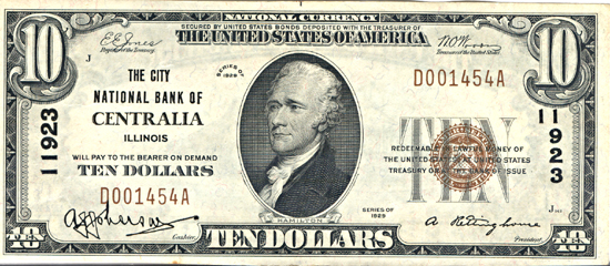 1929 $10.00. Centralia, IL Charter# 11923 Ty. 1. AU.