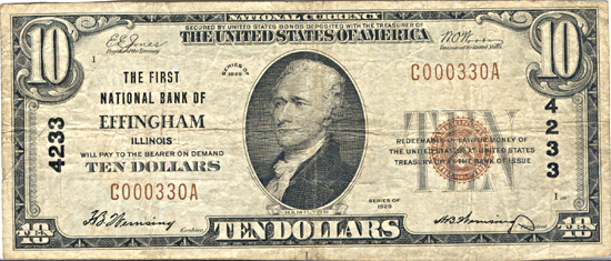1929 $10.00. Effingham, IL Charter# 4233 Ty. 1. F.