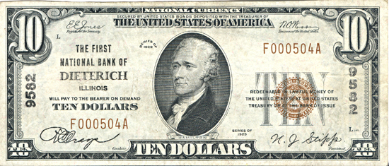 1929 $10.00. Dieterich, IL Charter# 9582 Ty. 1. VF.