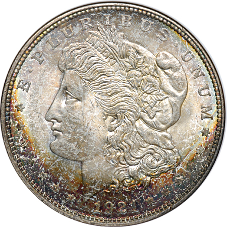 Three 1921-D Morgan Silver Dollars. NGC MS-65.