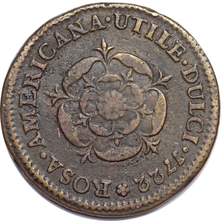 1722 Rosa Americana Penny. One Rose in Reverse Legend, Utile Dulce, Breen-115. VF-20.