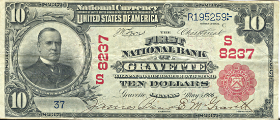 1902 $10.00. Gravette, AR Charter# 8237 Red Seal. VF.