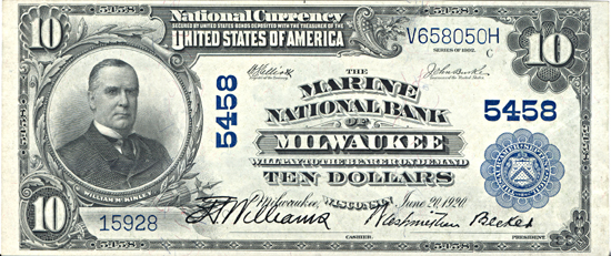 1902 $10.00. Milwaukee, WI Charter# 5458 Blue Seal. GemCU.