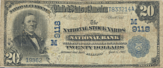 1902 $20.00. National Stock Yards, IL Charter# 9118 Blue Seal. VG.