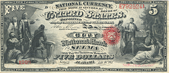 1865 $5.00. Selma, AL Charter# 1736 Rays. CU.