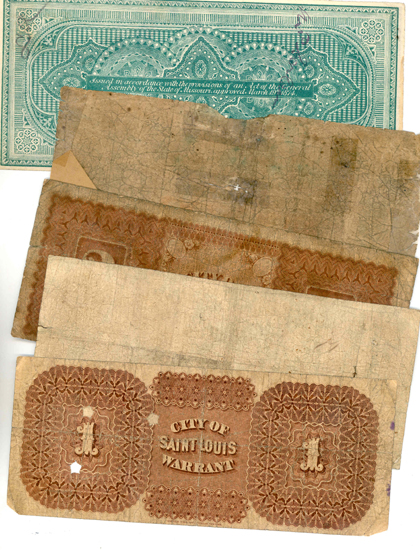 Five St. Louis Broken Banknotes.