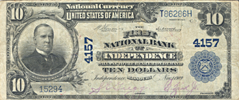 1902 $10.00. Independence, MO Charter# 4157 Blue Seal. F.