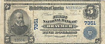 1902 $5.00. Braymer, MO Charter# 7351 Blue Seal. VG.