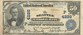 1902 $50.00. Seattle, WA Charter# 4229 Blue Seal Date Back. F.