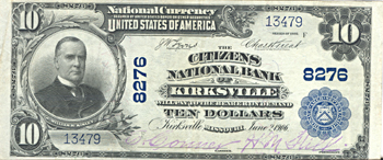 1902 $10.00. Kirksville, MO Charter# 8276 Blue Seal. XF.