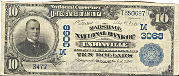 1902 $10.00. Unionville, MO Charter# 3068 Blue Seal. F.