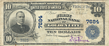 1902 $10.00. Golden City, MO Charter# 7684 Blue Seal. F.