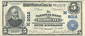 1902 $5.00. Webb City, MO Charter# 8016 Blue Seal. VF.