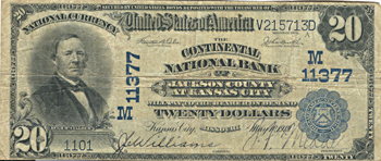 1902 $20.00. Kansas City, MO Charter# 11377 Blue Seal. VG.