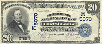 1902 $20.00. East St. Louis, IL Charter# 5070 Blue Seal. VF.