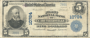 1902 $5.00. Caruthersville, MO Charter# 10784 Blue Seal. F.