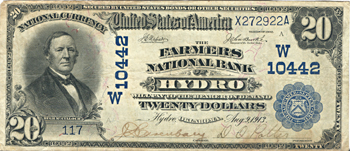 1902 $20.00. Hydro, OK Charter# 10442 Blue Seal Date Back. VF.