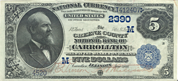1882 $5.00. Carrollton, IL Charter# 2390 Value Back. AU.
