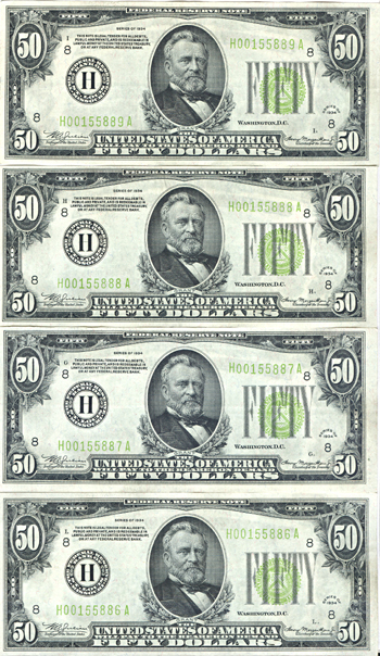 Four Sequential 1934 $50.00 St. Louis.  AU+.