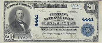 1902 $20.00. Carthage, MO Charter# 4441 Blue Seal. PMG CHCU.