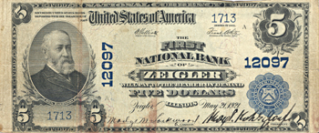 1902 $5.00. Zeigler, IL Charter# 12097 Blue Seal. F.